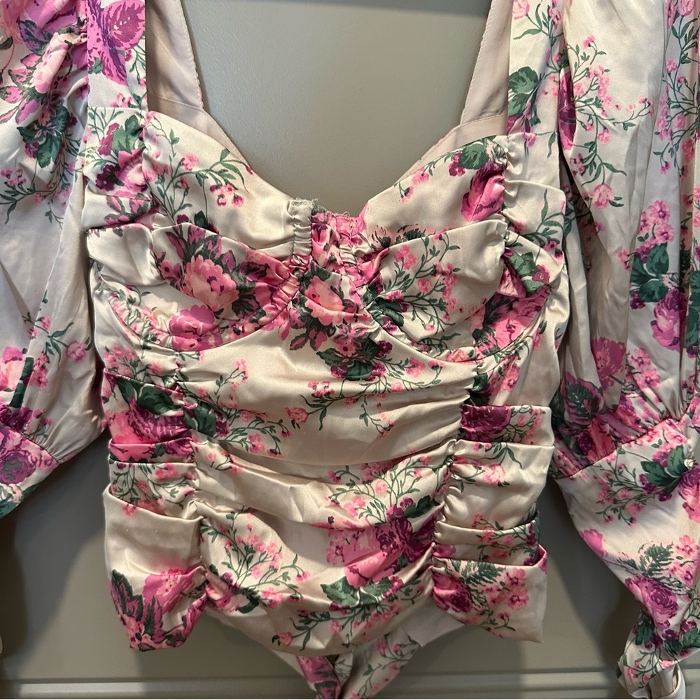 For Love & Lemons Palais Floral Crop Top Size Small Pink Long Sleeve - Picture 6 of 9